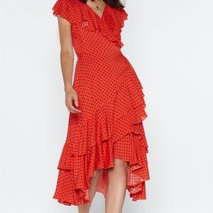 Nasty Gal Red Polka Dot v- neck Ruffle Dress